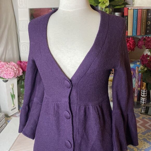 🌷 Lo Ri 🌷 Smoky Purple Button Up Flare Sleeve Cardigan Dress Vintage - Picture 3 of 7